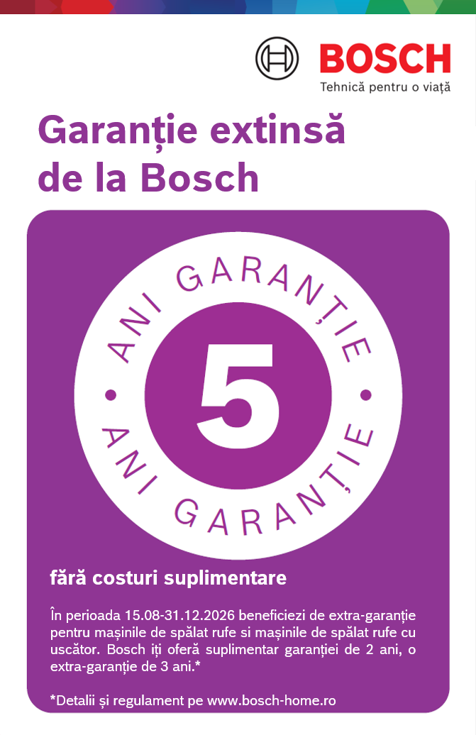 5 Ani garanție la mașini de spălat rufe și mașini de spălat rufe cu uscător Bosch